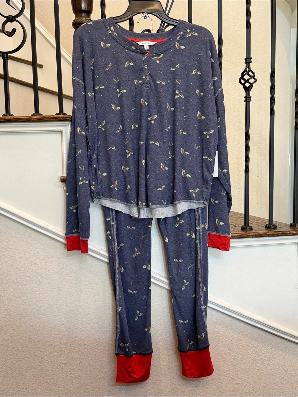 Honeydew Intimates NavyChristmas-Print Pajama Set with Red Trim